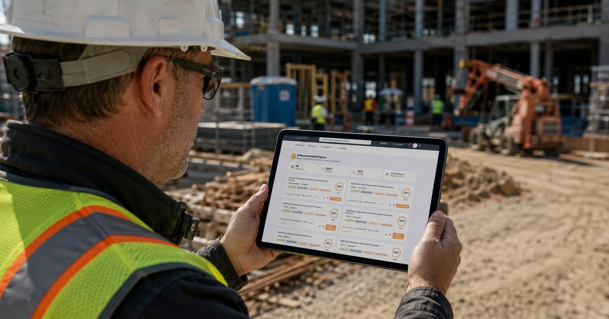 Commercial construction contractor in Illinois reviewing bid dashboard on a tablet at a job site.