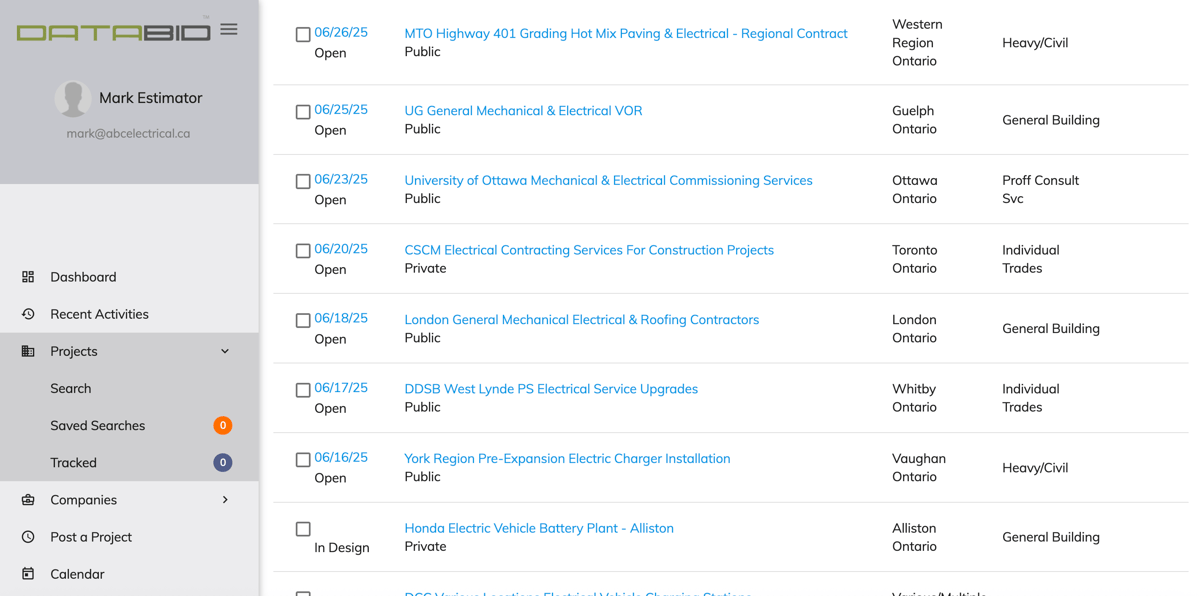 DataBid Advanced Project Search Results